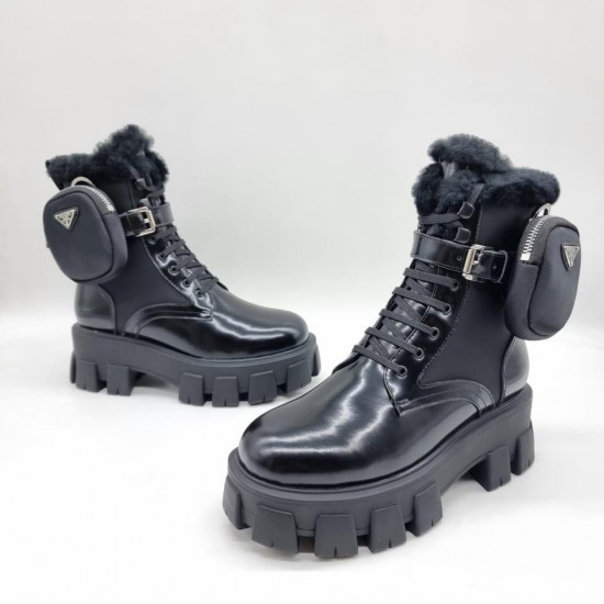 Ботинки Prada Monolith с меховой отделкой чёрные
