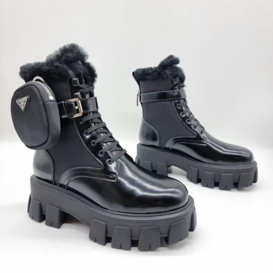 Ботинки Prada Monolith с меховой отделкой чёрные