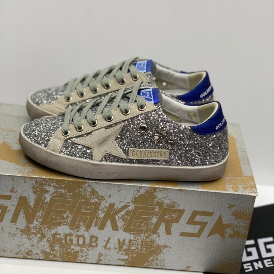 Сникеры Golden Goose Super-Stars серебристые с синими вставками